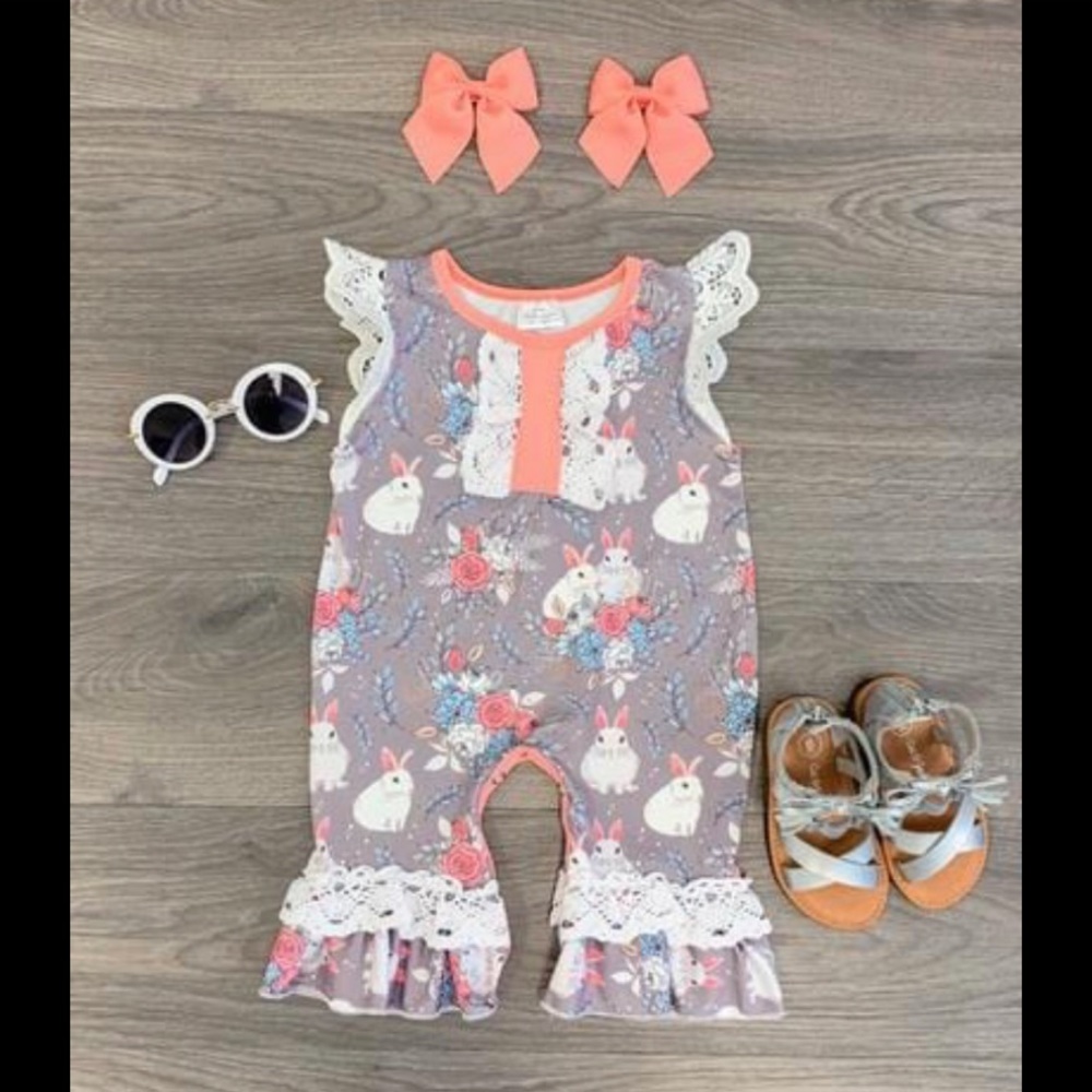 Boutique Easter bells romper gray peach